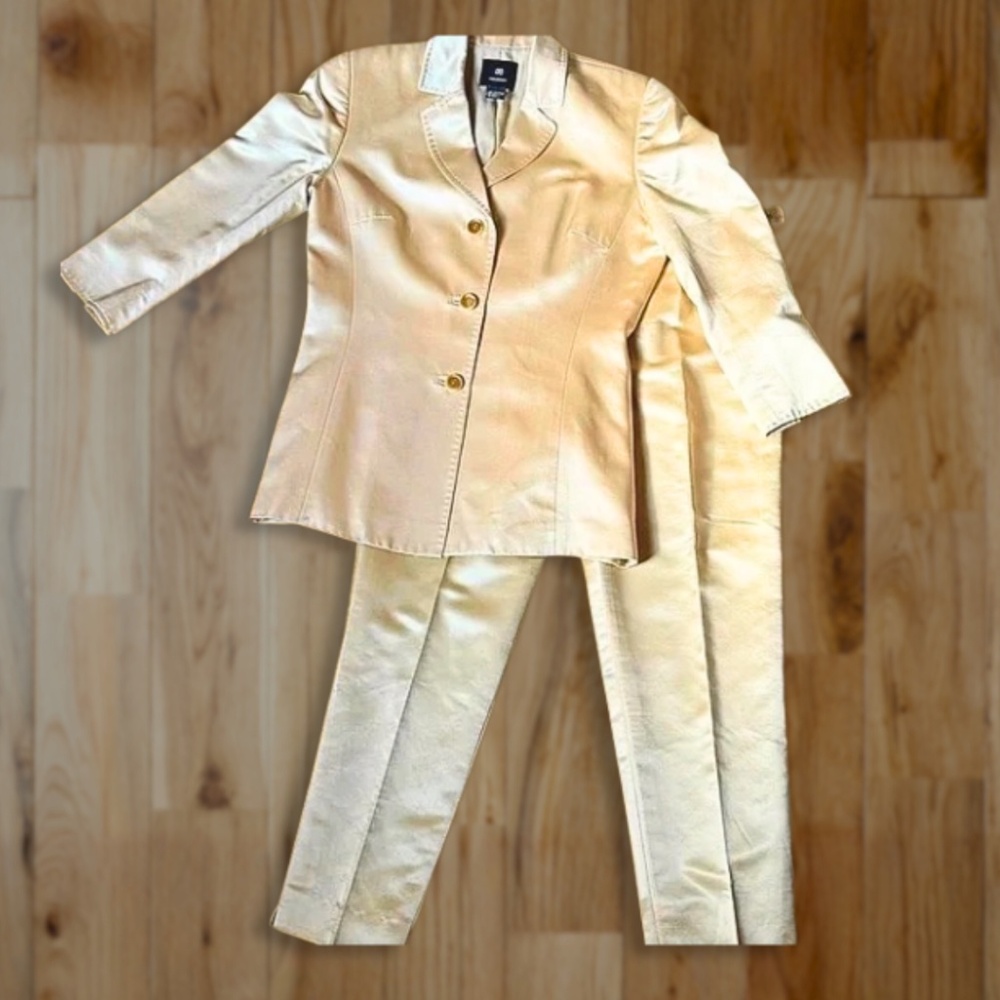 Vintage Silk Cotton Pant Suit Metallic Blazer High Waisted Slacks Wedding Guest